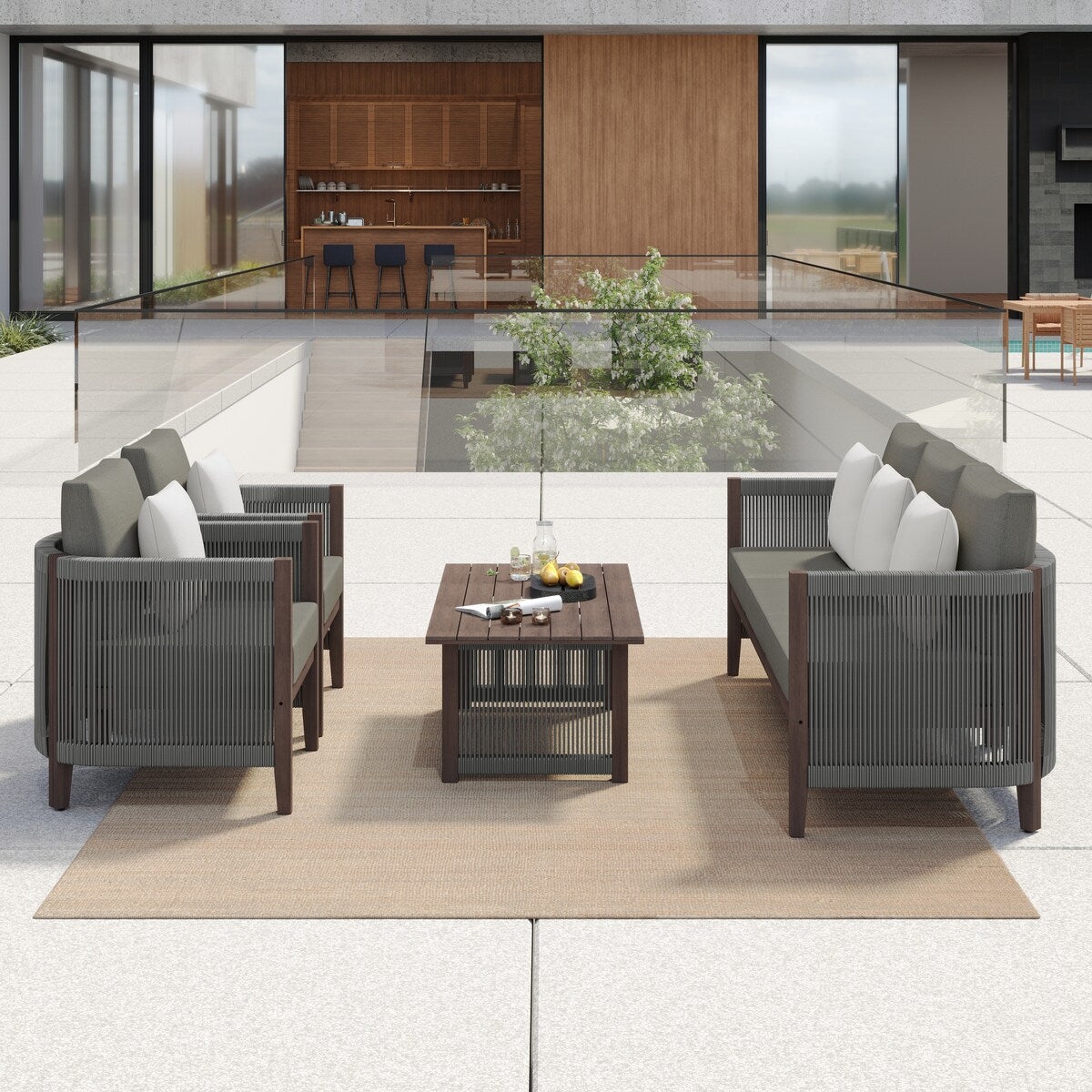 Corvus Iona 4-piece Patio Eucalyptus Wood and Rope Sofa Seating Set with Sunbrella Fabric