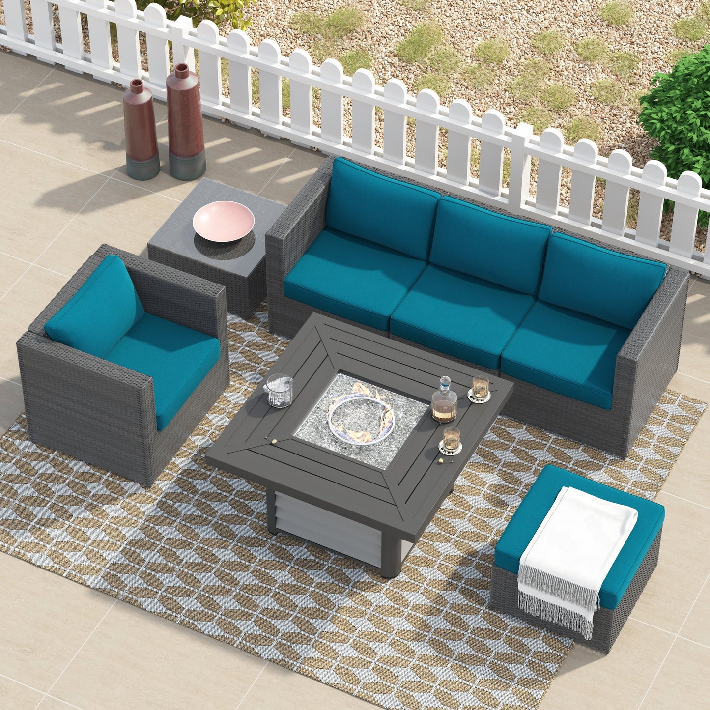 Corvus Kipling 7-piece Resin Wicker Patio Sectional Conversation Fire Pit Set