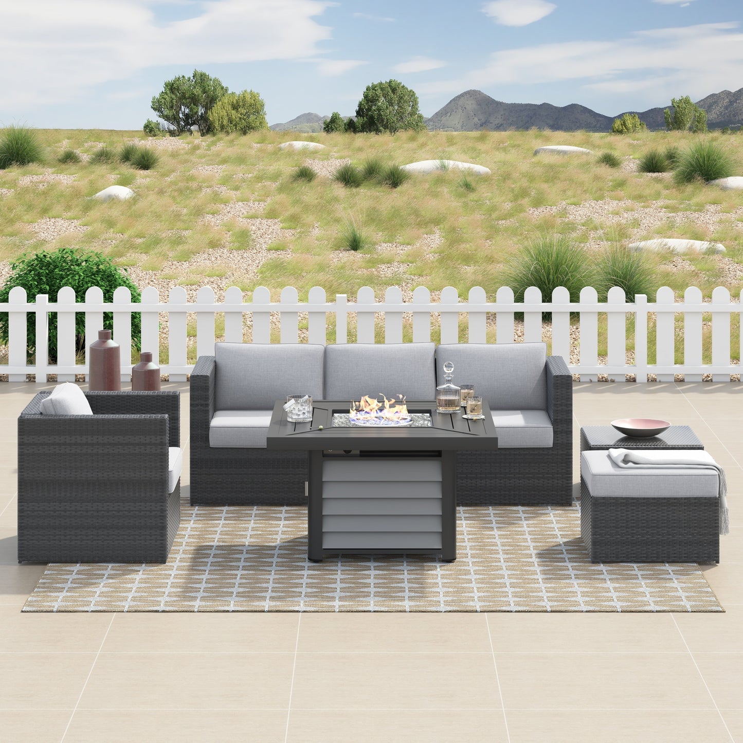 Corvus Kipling 7-piece Resin Wicker Patio Sectional Conversation Fire Pit Set