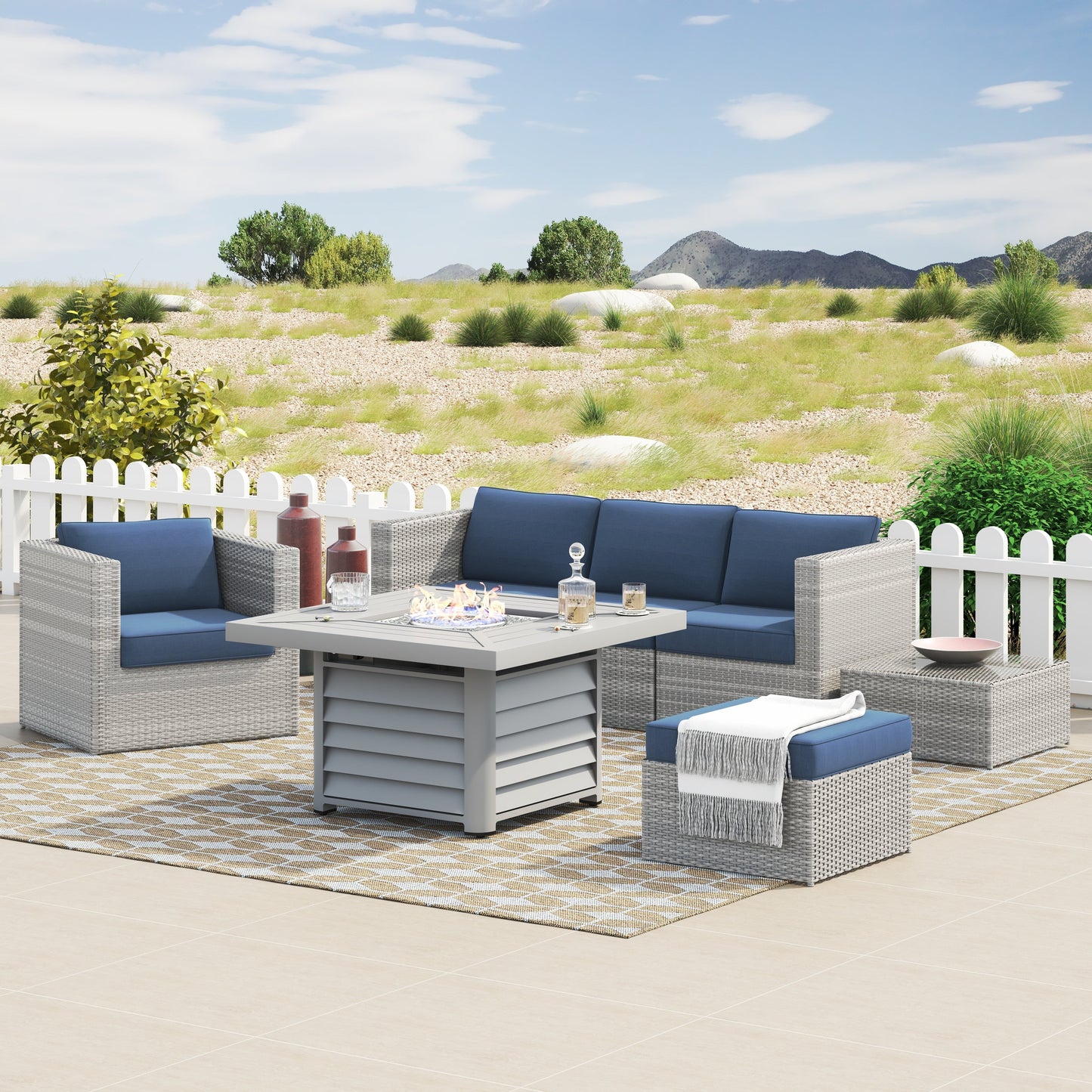 Corvus Kipling 7-piece Resin Wicker Patio Sectional Conversation Fire Pit Set