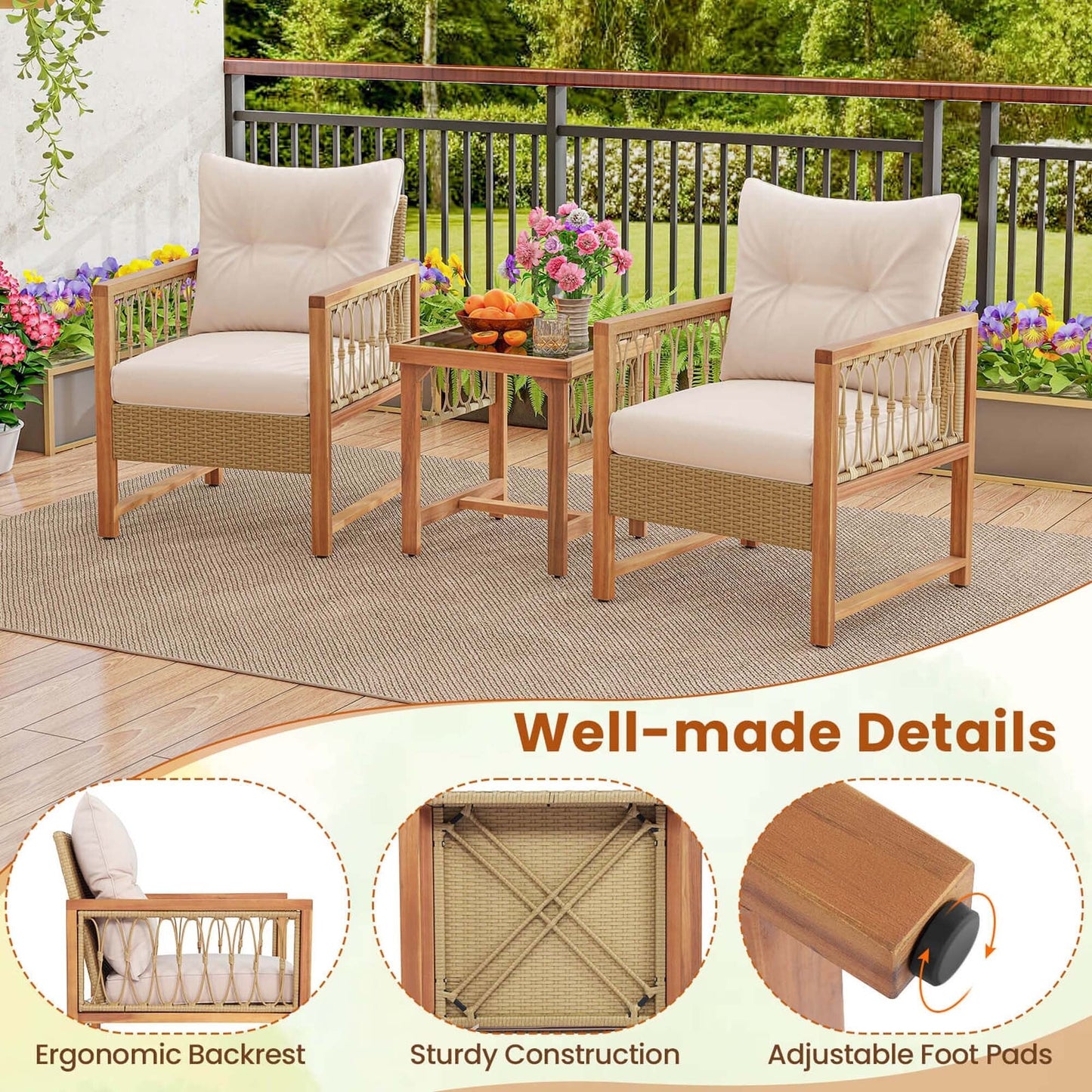 Costway 3 PCS Patio Furniture Set Outdoor PE Wicker Conversation - See Details