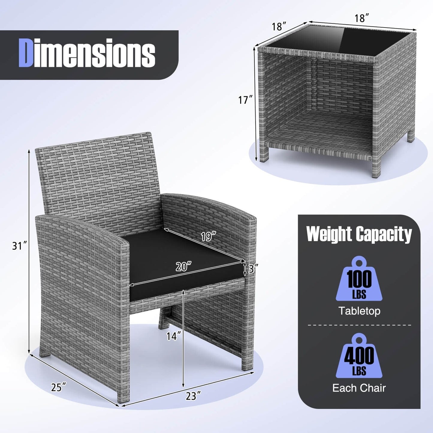 Costway 3 PCS Patio Furniture Set with Tempered Glass Coffee Table & - See Details