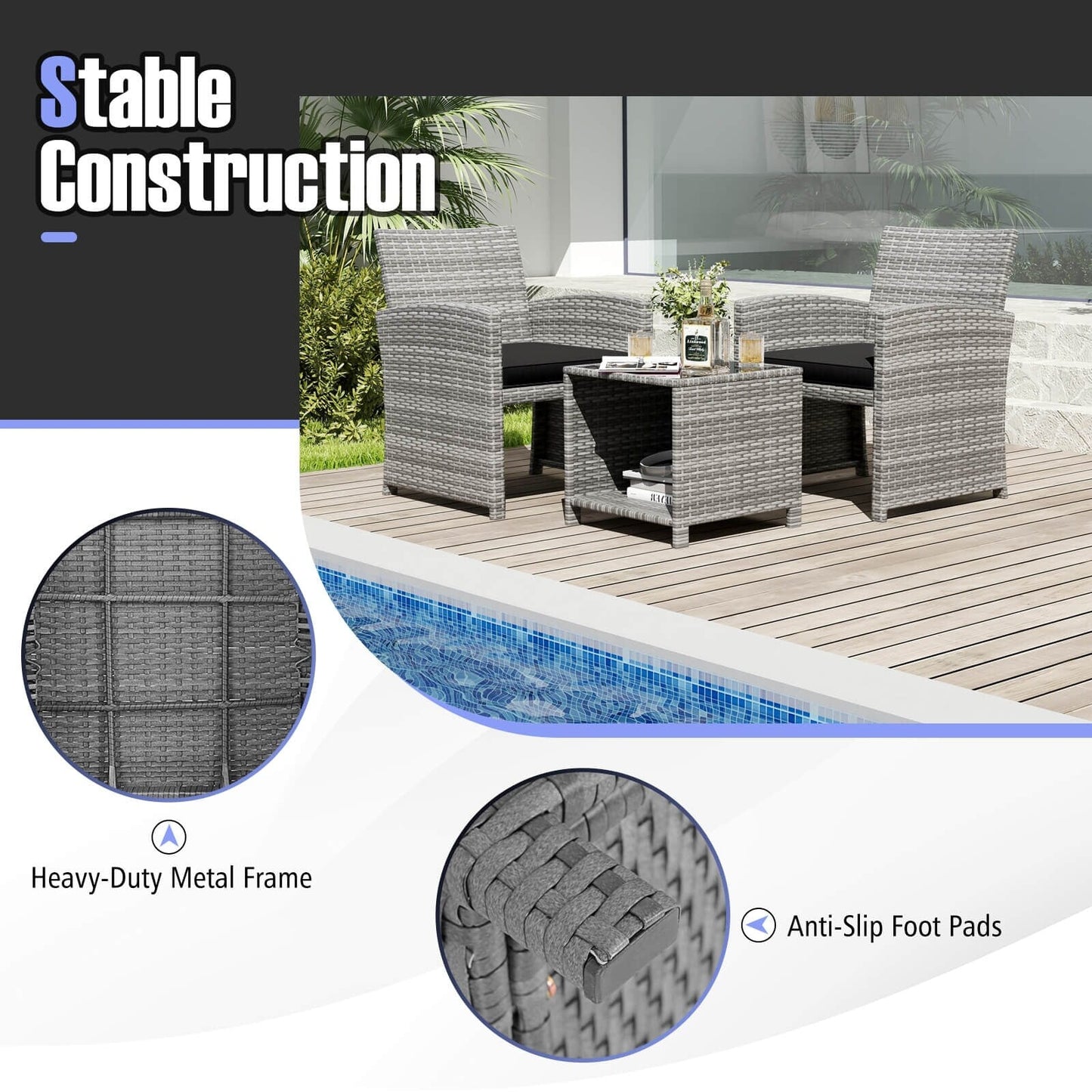 Costway 3 PCS Patio Furniture Set with Tempered Glass Coffee Table & - See Details