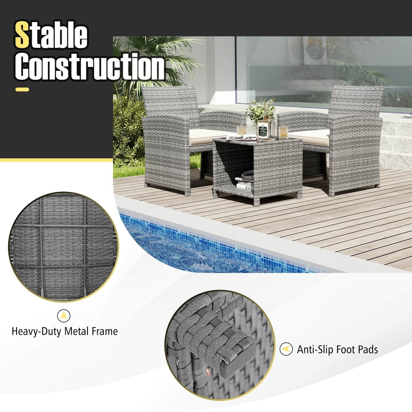Costway 3 PCS Patio Furniture Set with Tempered Glass Coffee Table & - See Details