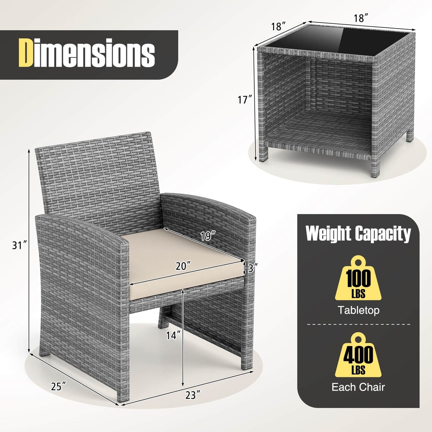 Costway 3 PCS Patio Furniture Set with Tempered Glass Coffee Table & - See Details