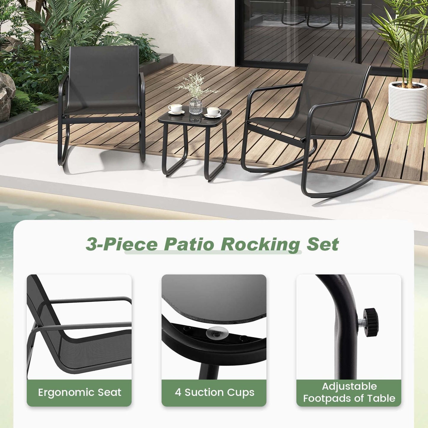 Costway 3 Piece Patio Rocking Set 2 Rocking Bistro Chairs & Glass-Top - See Details