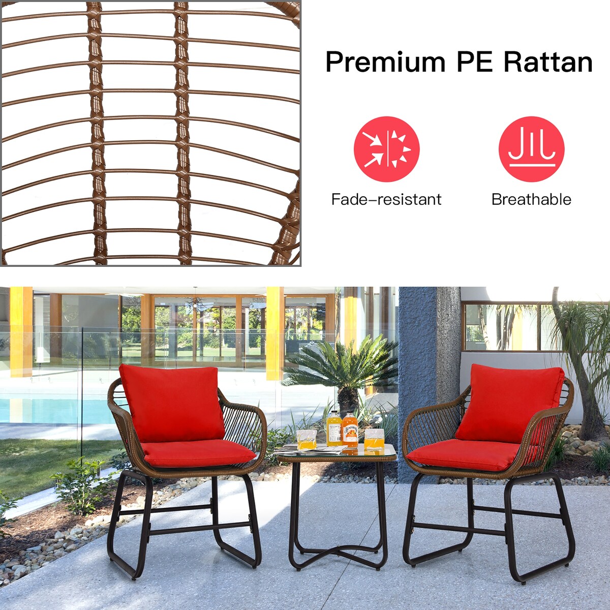 Costway 3PCS Patio Rattan Bistro Set Cushioned Chair Glass Table Deck - See Details