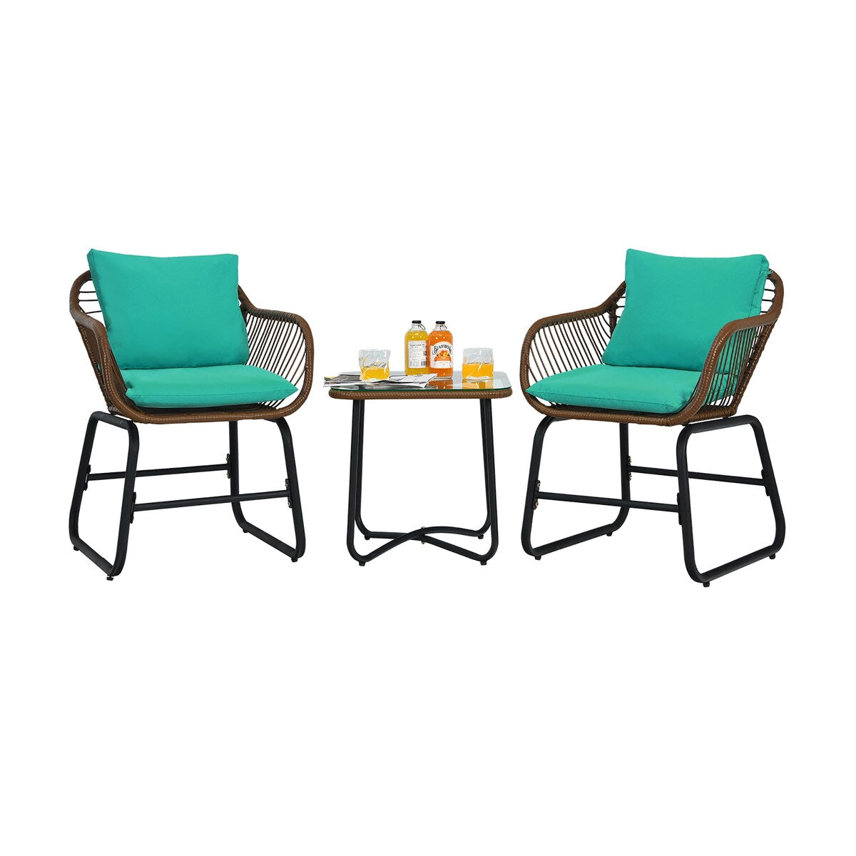 Costway 3PCS Patio Rattan Bistro Set Cushioned Chair Glass Table Deck - See Details