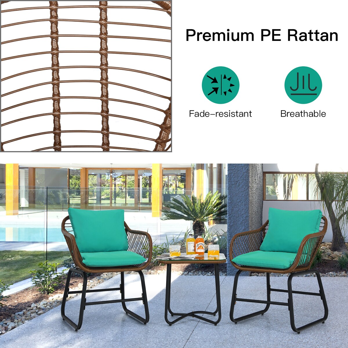 Costway 3PCS Patio Rattan Bistro Set Cushioned Chair Glass Table Deck - See Details