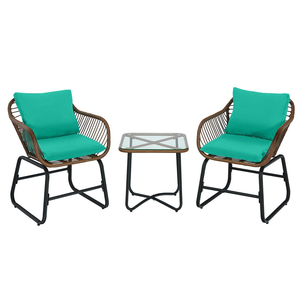Costway 3PCS Patio Rattan Bistro Set Cushioned Chair Glass Table Deck - See Details