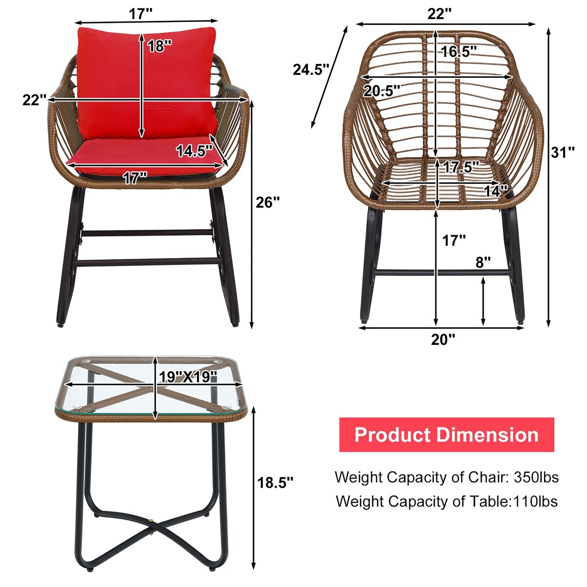 Costway 3PCS Patio Rattan Bistro Set Cushioned Chair Glass Table Deck - See Details