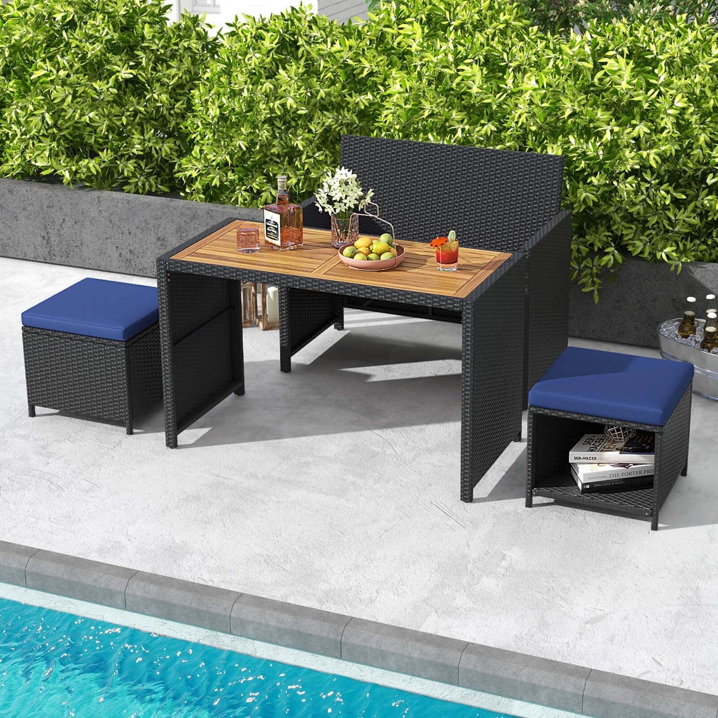 Costway 4 PCS Outdoor Dining Set, Rattan Loveseat Chair & 2 Ottomans - See Details