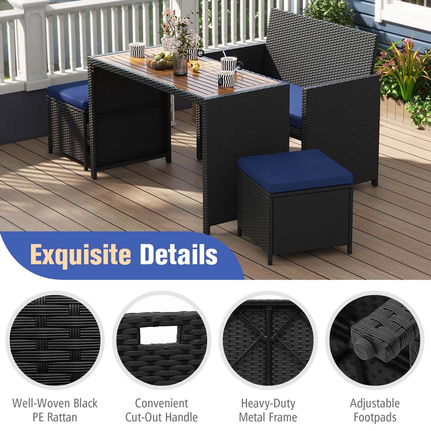 Costway 4 PCS Outdoor Dining Set, Rattan Loveseat Chair & 2 Ottomans - See Details