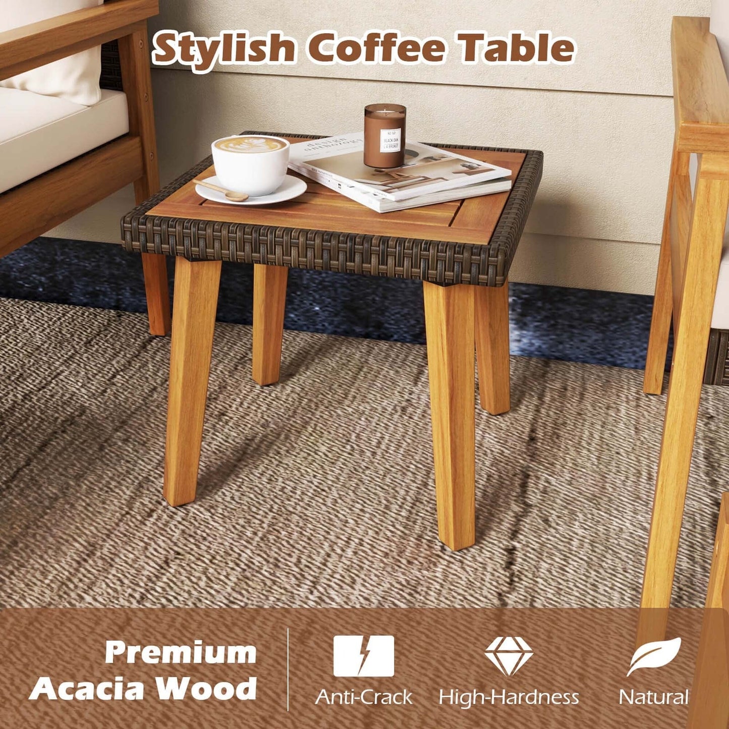 Costway 5 PCS Rattan Furniture Set Wood Frame Chairs & Ottomans with - See Details