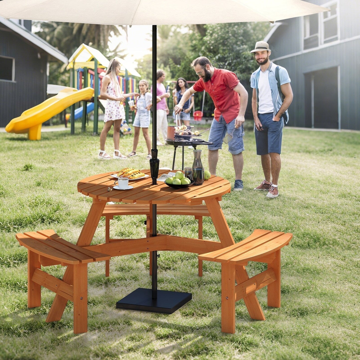 Costway 6-Person Round Picnic Table Set with 3 Built-in Benches 2 - See Details
