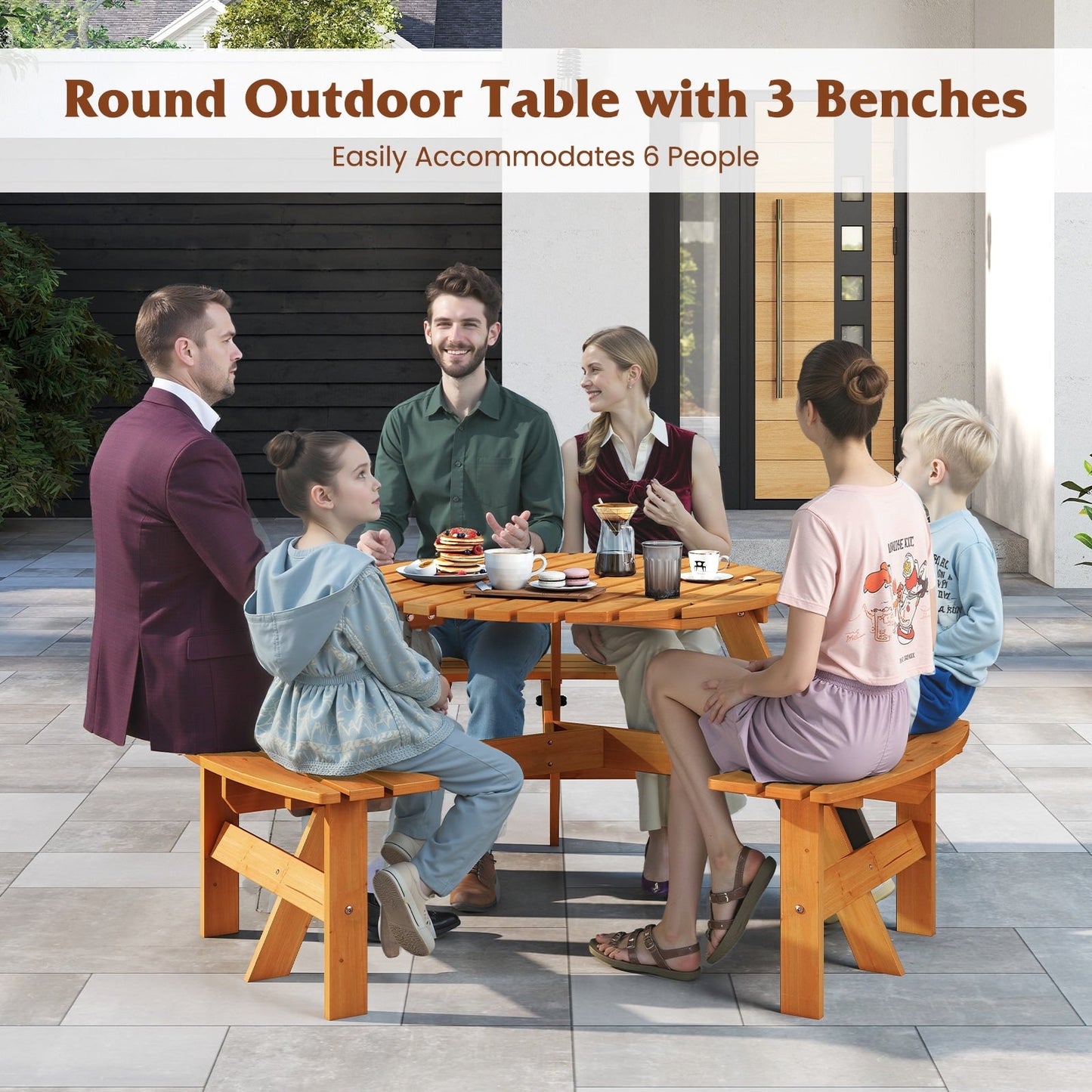 Costway 6-Person Round Picnic Table Set with 3 Built-in Benches 2 - See Details