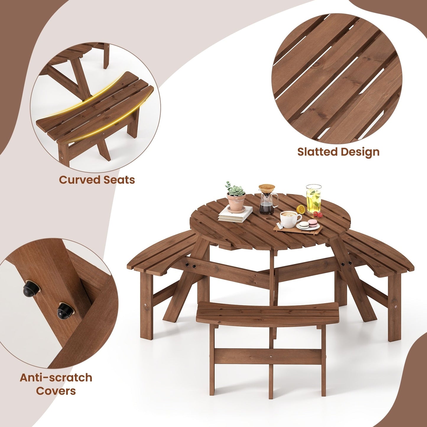 Costway 6-Person Round Picnic Table Set with 3 Built-in Benches 2 - See Details