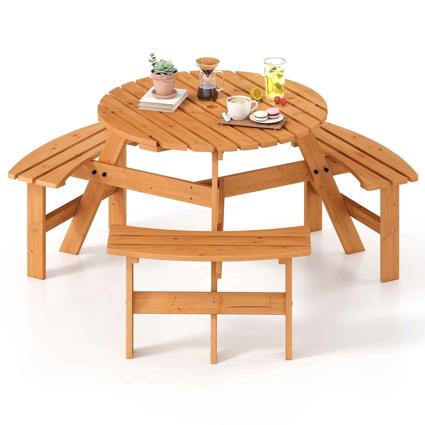 Costway 6-Person Round Picnic Table Set with 3 Built-in Benches 2 - See Details