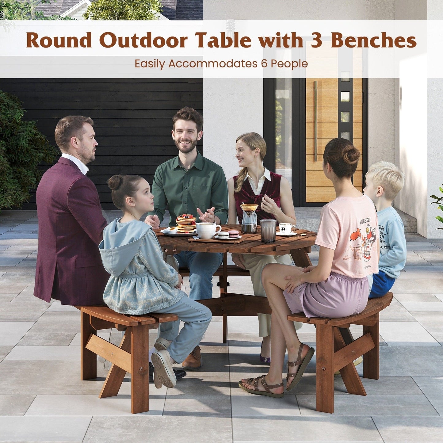 Costway 6-Person Round Picnic Table Set with 3 Built-in Benches 2 - See Details