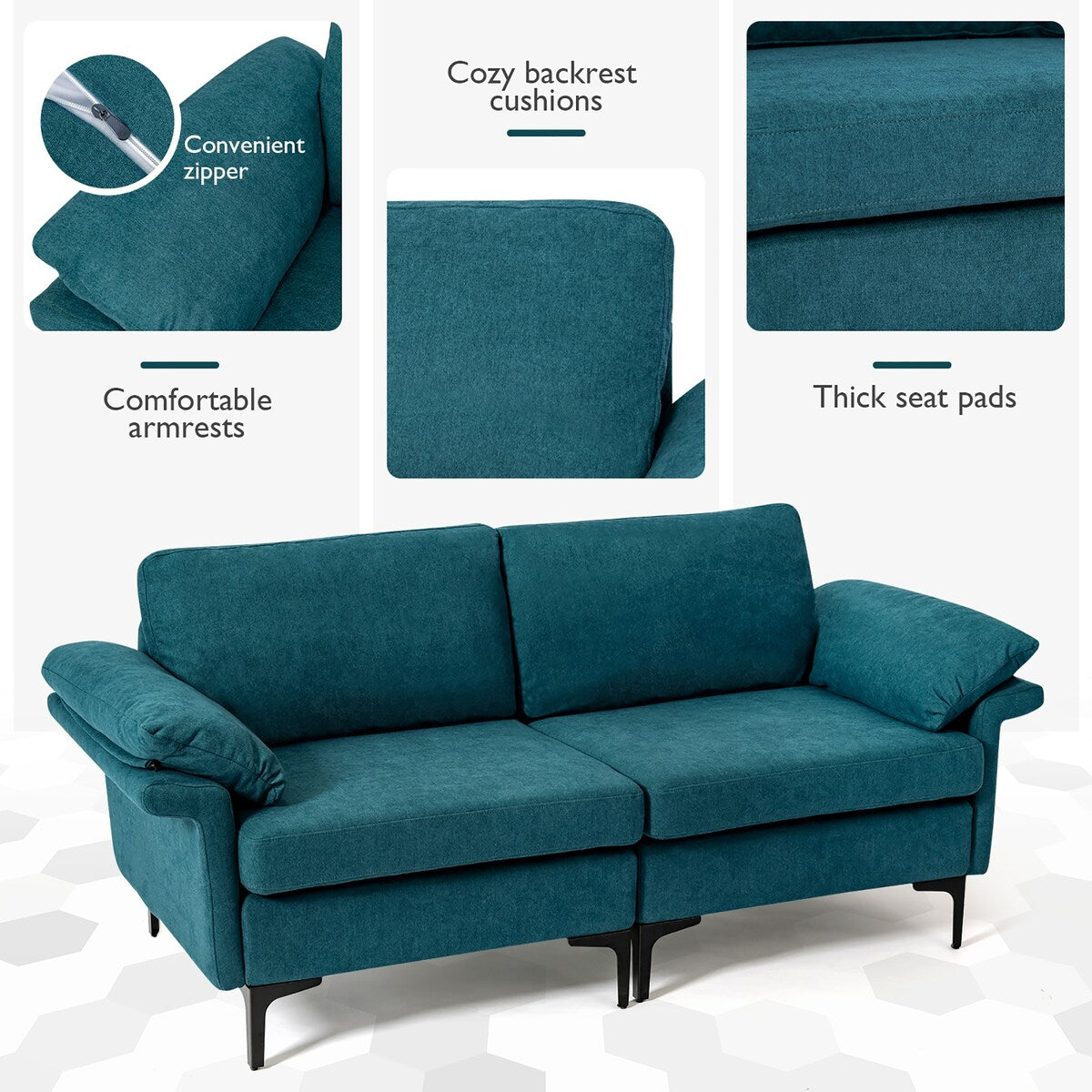 Costway Modern Loveseat Fabric 2-Seat Sofa Couch for Small Space w/ - See Details