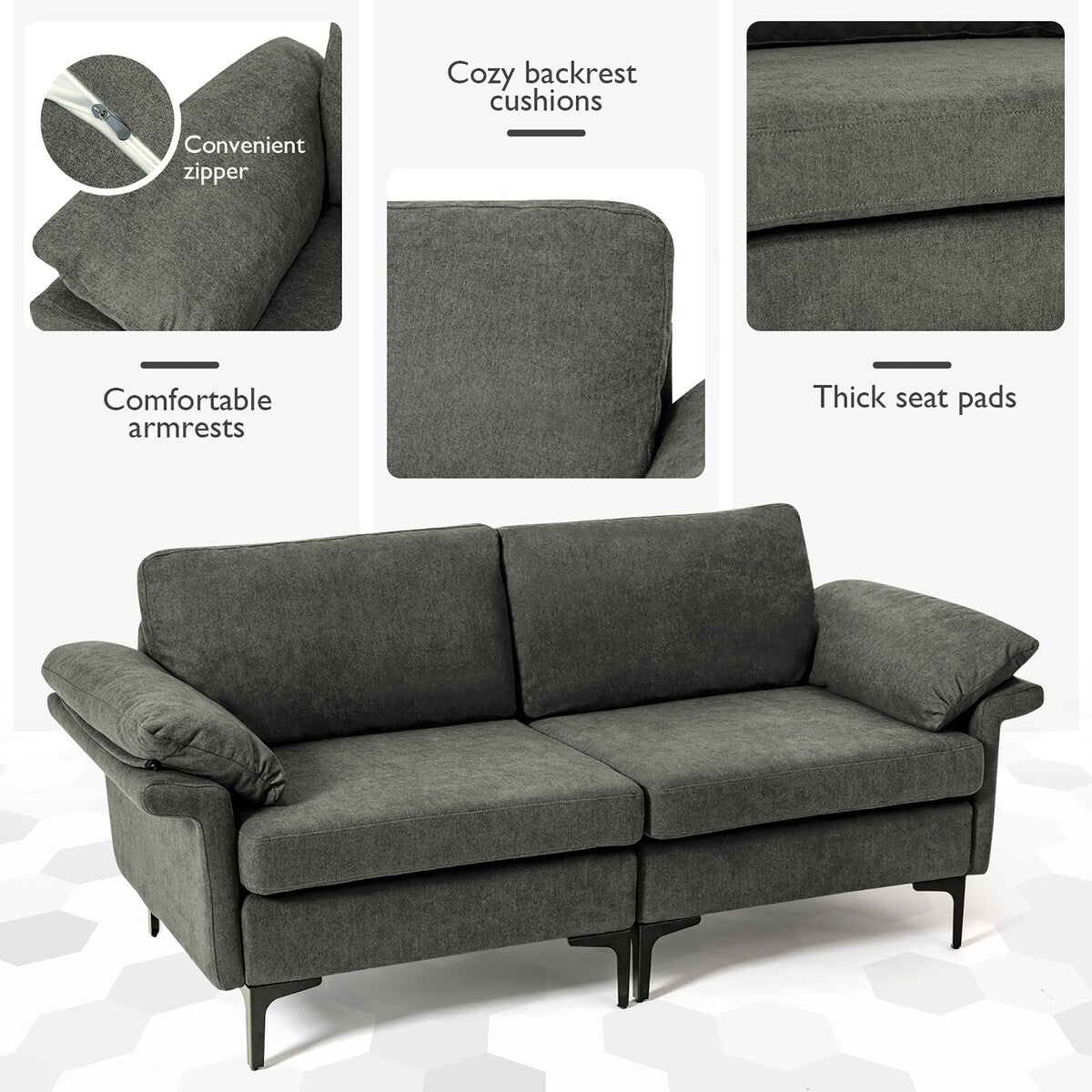 Costway Modern Loveseat Fabric 2-Seat Sofa Couch for Small Space w/ - See Details