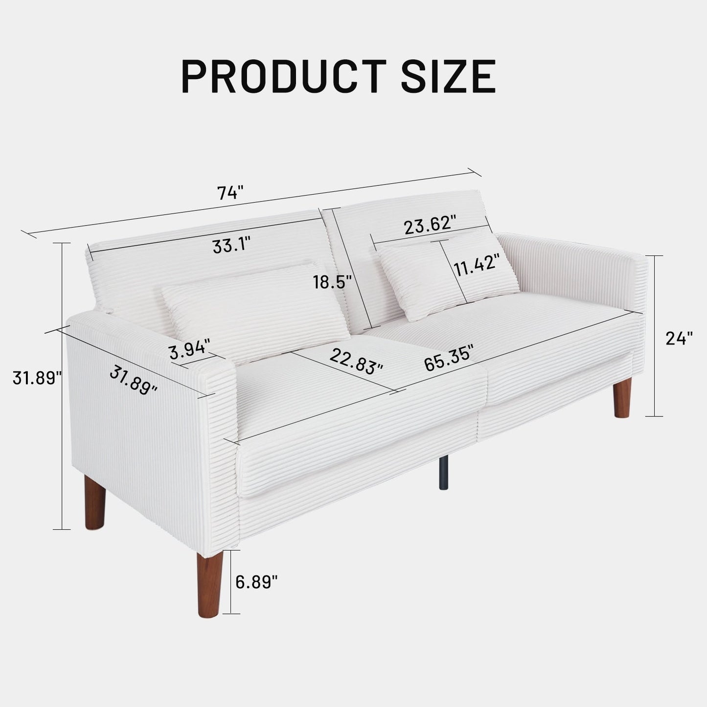 Couch Sofa, Corduroy Fabric Couches Loveseat Furniture with 2 Pillows for Living Room, Bedroom