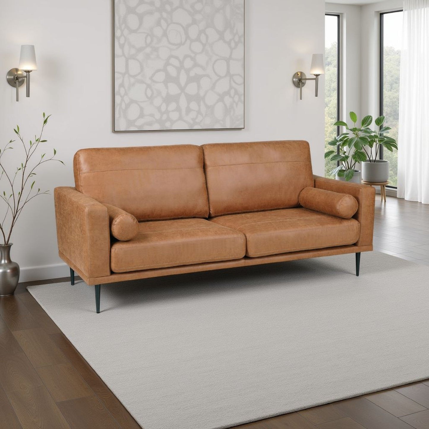 Coxi Sofa with 2 Bolster Pillows, Soft Brown Microfiber, 82 Inch