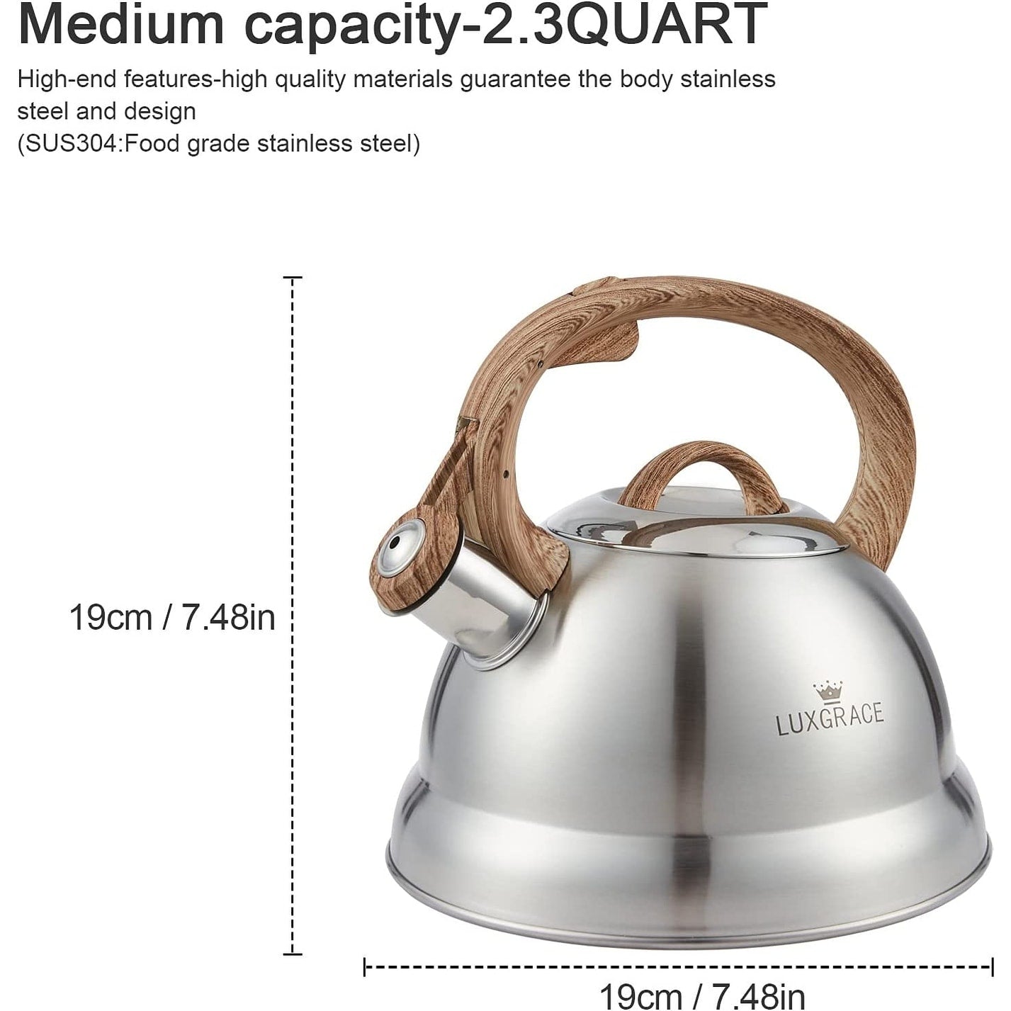 Creative Home 2.3 Qt. Stainless Steel Whistling Tea Kettle Teapot with Ergonomic Wood Rubber Touching Handle, Satin Finish