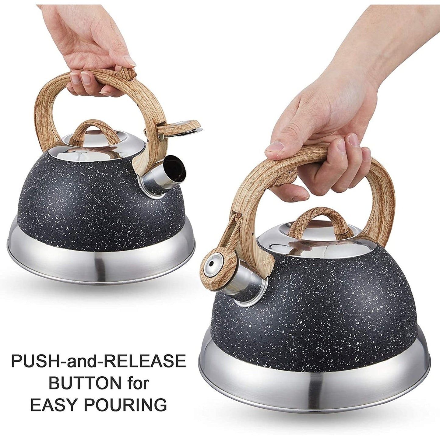 Creative Home 2.3 Qt. Stainless Steel Whistling Tea Kettle with Ergonomic Wood Rubber Touching Handle, Opaque Black with Speckle
