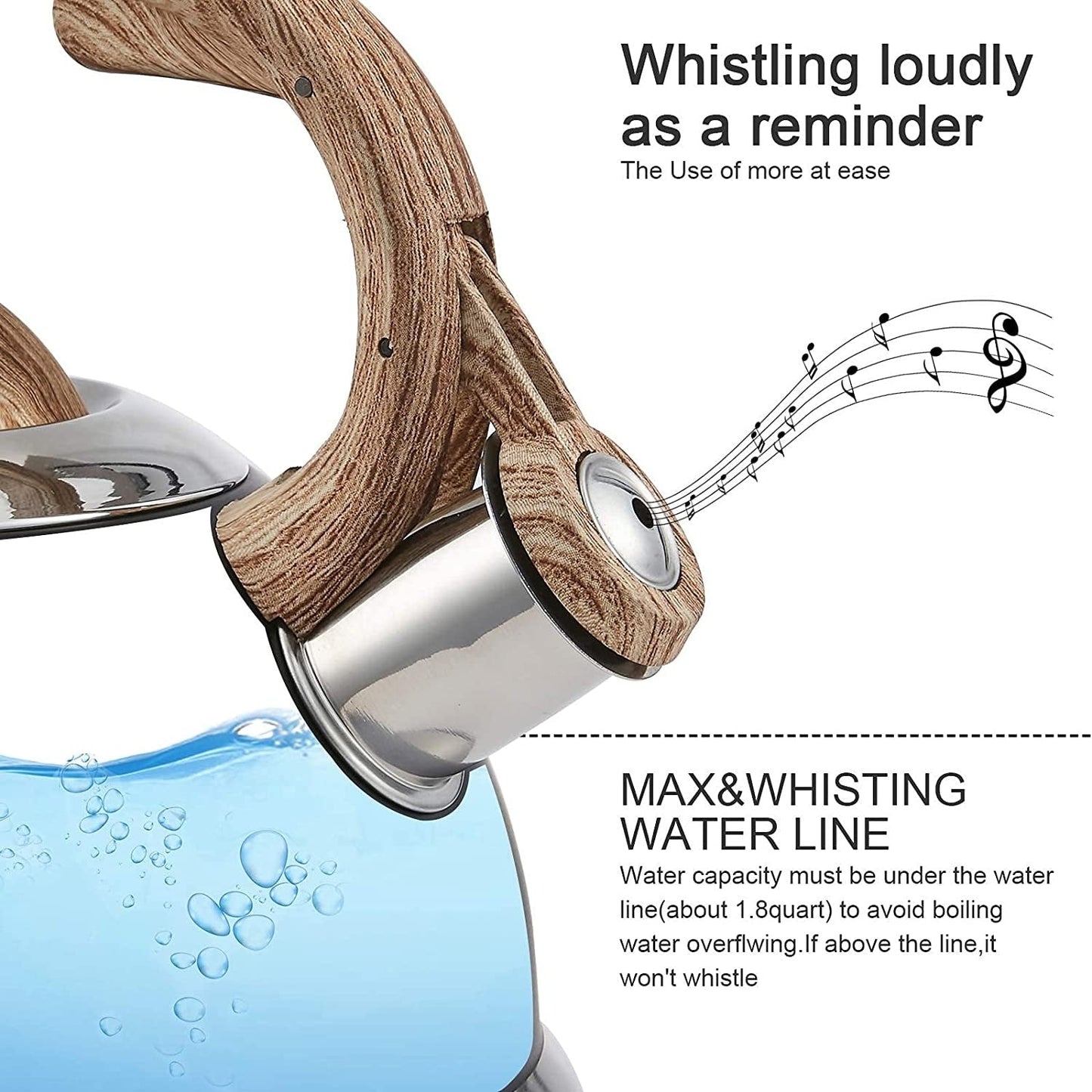 Creative Home 2.3 Qt. Stainless Steel Whistling Tea Kettle with Ergonomic Wood Rubber Touching Handle, Opaque Black with Speckle