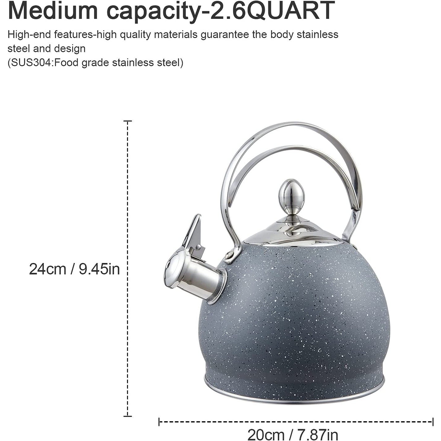 Creative Home 2.5 Qt. Stainless Steel Whistling Tea Kettle, Opaque Gray - 2.5 Quarts