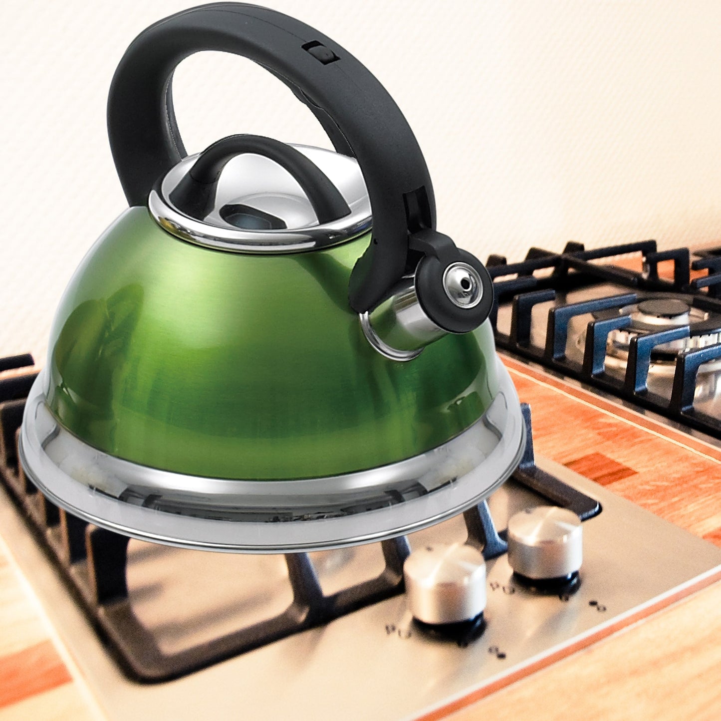 Creative Home Alexa 3.0 Quart Stainless Steel Whistling Tea Kettle with Aluminum Capsulated Bottom, Metallic Chartreuse Color