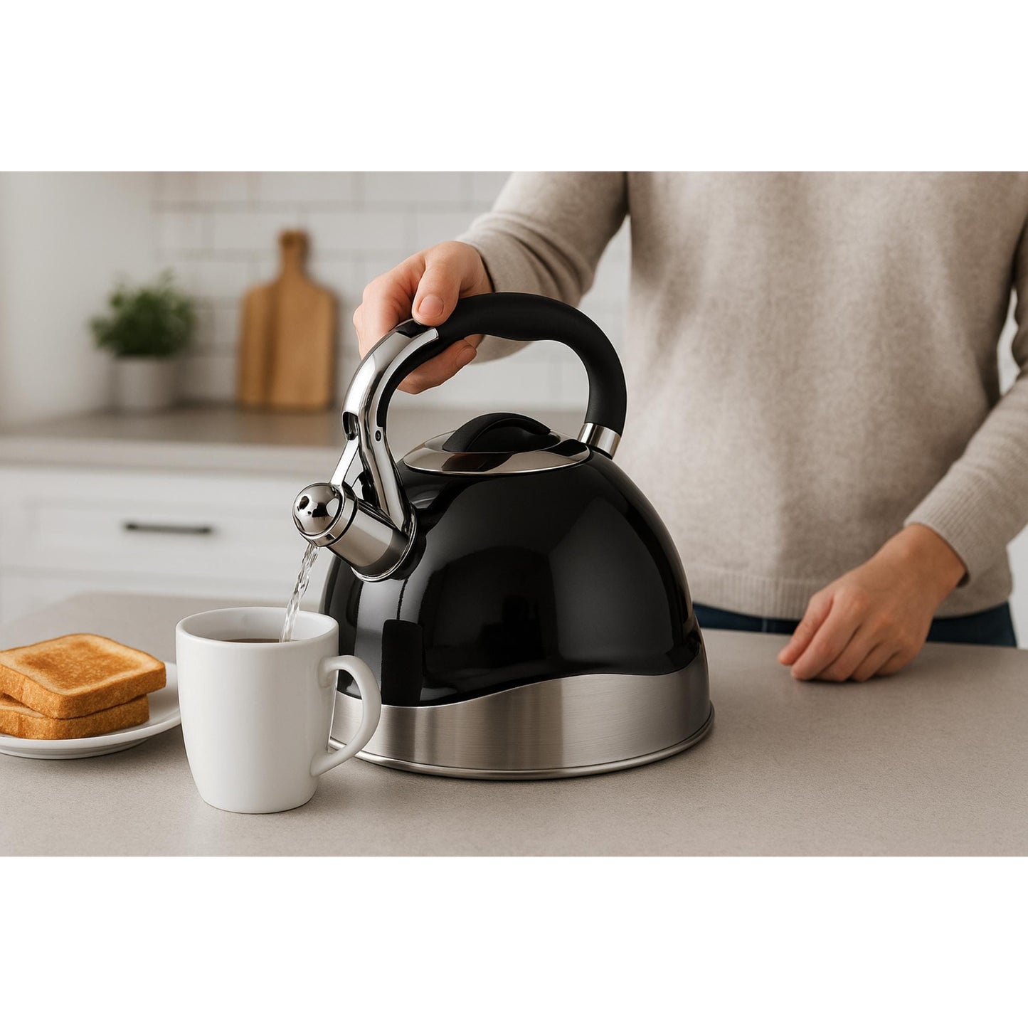 Creative Home Crescendo 3.1 Quart Stainless Steel Whistling Tea Kettle with Aluminum Capsulated Bottom, Black Color