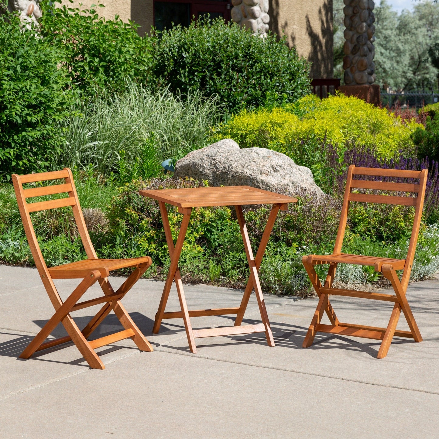 DTY Outdoor Living Twin Lakes 3-Piece Eucalyptus Bistro Set, Square, Natural Oil