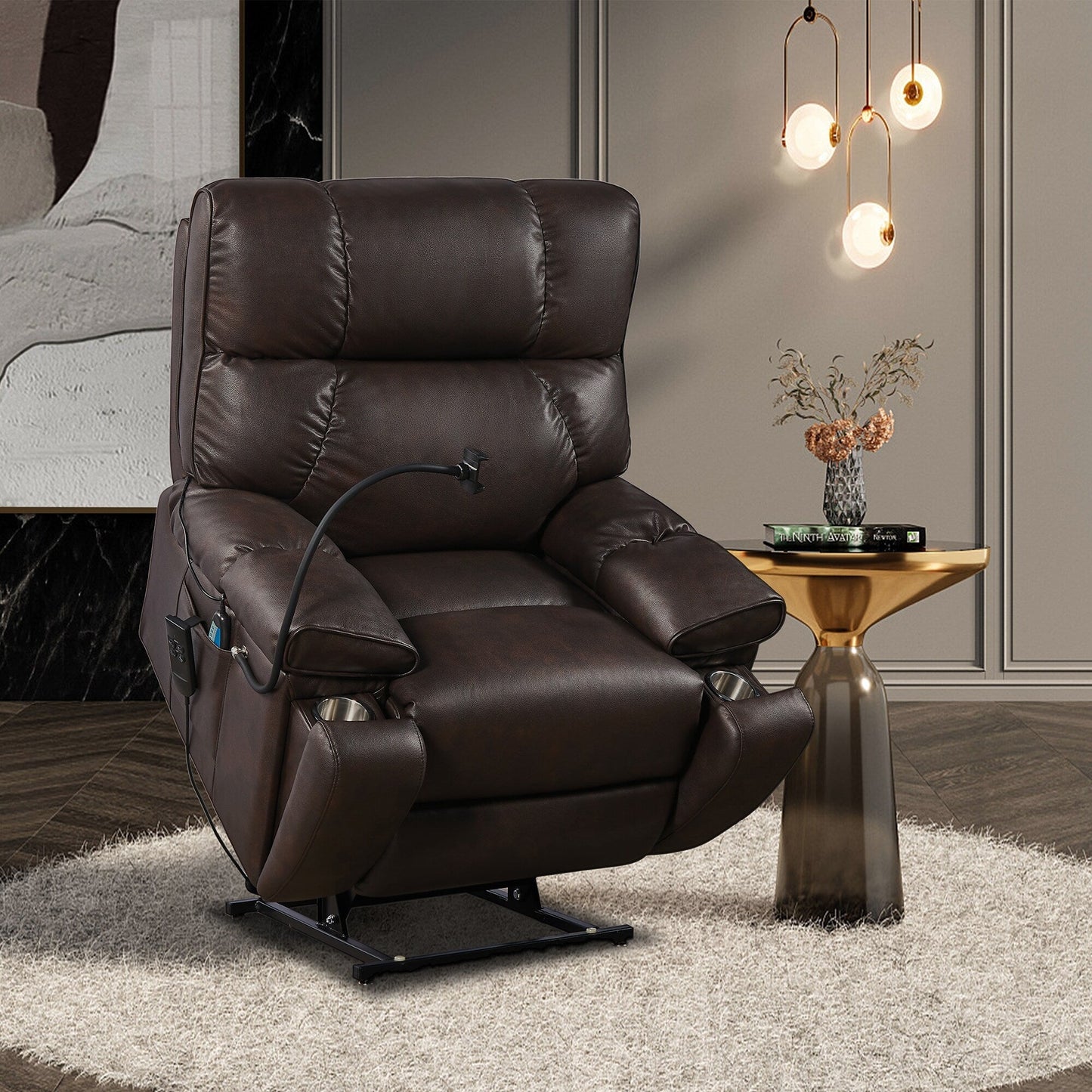 Dual Motor Power Lift Recliner Chair with Massage, Heated Lumbar, Side Pockets, Adjustable Phone Holder and Cup Holders