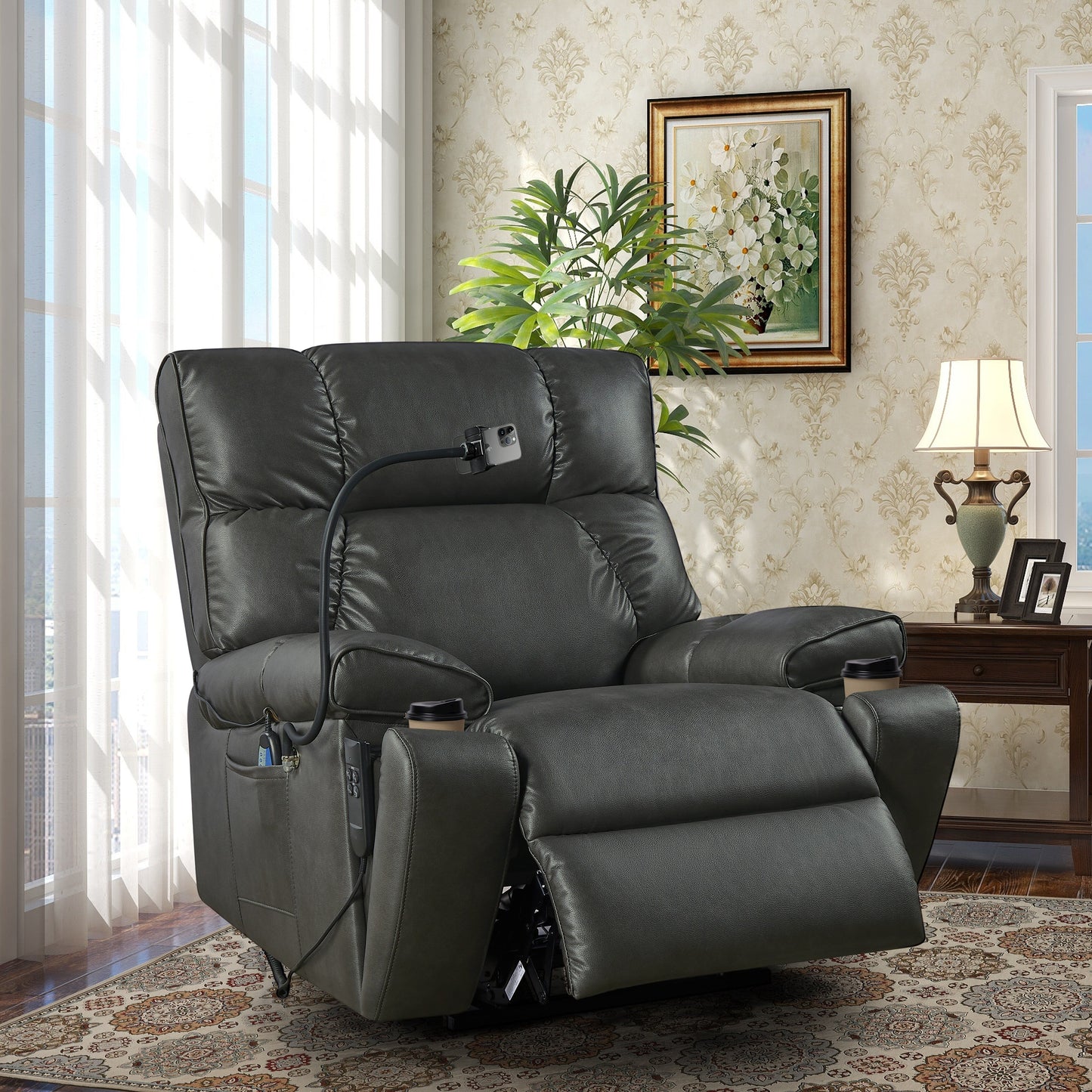 Dual Motor Power Lift Recliner Chair with Massage, Heated Lumbar, Side Pockets, Adjustable Phone Holder and Cup Holders