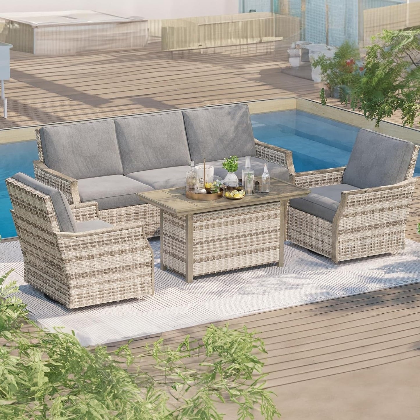 EROMMY 4-Piece Patio Furniture Set with Swivel Rocking Chairs, Outdoor Wicker Conversation Set with 3-Seat Sofa and Coffee Table