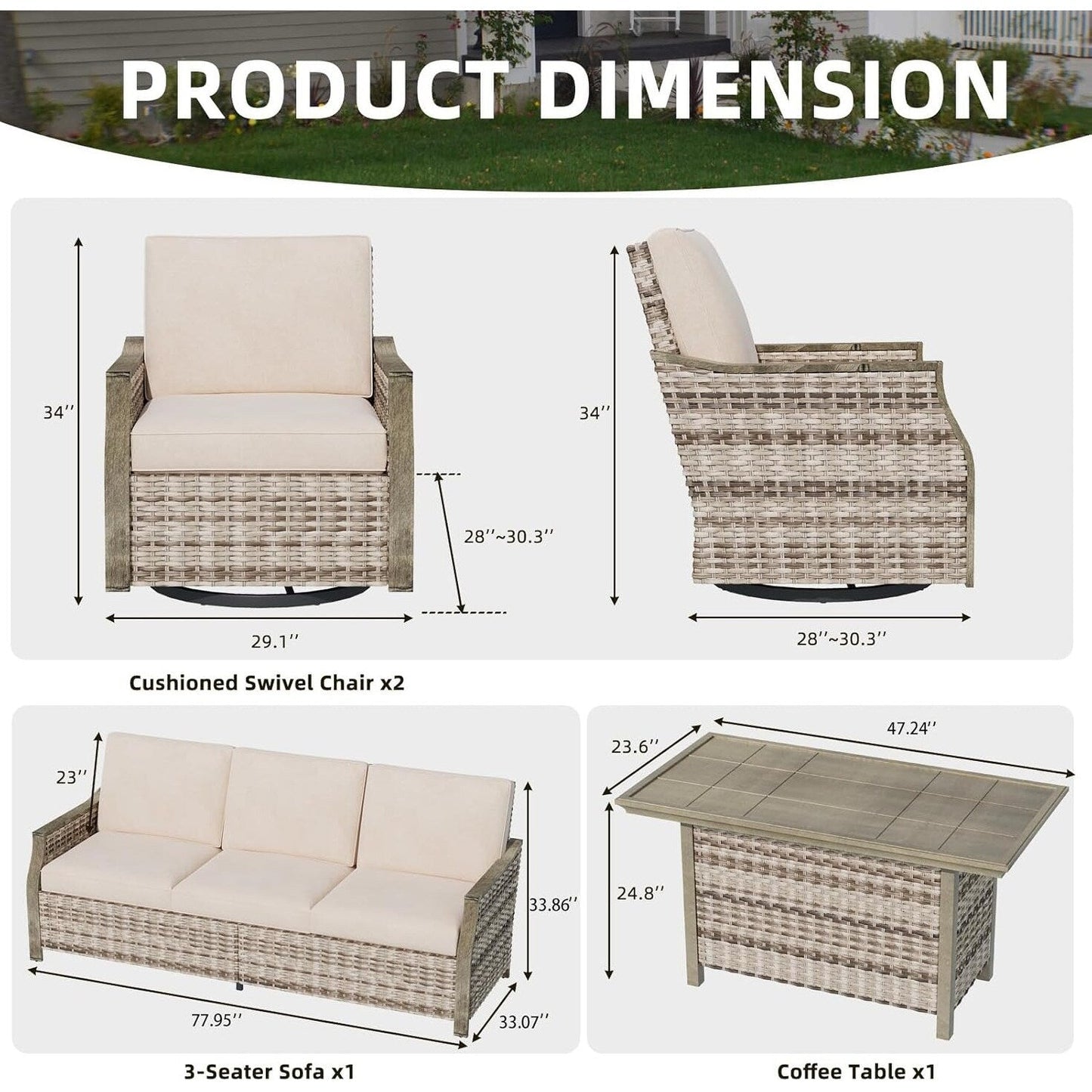 EROMMY 4-Piece Patio Furniture Set with Swivel Rocking Chairs, Outdoor Wicker Conversation Set with 3-Seat Sofa and Coffee Table