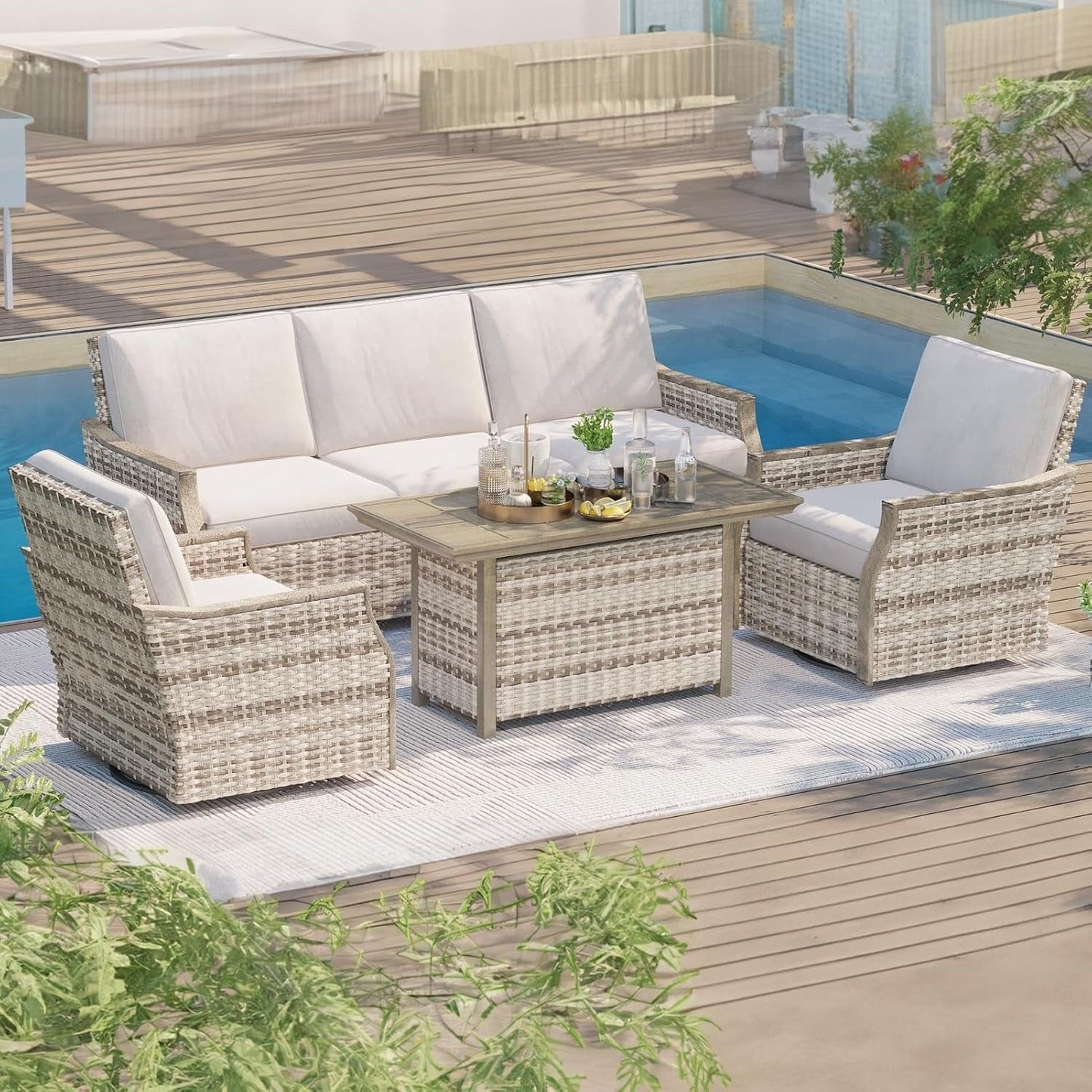 EROMMY 4-Piece Patio Furniture Set with Swivel Rocking Chairs, Outdoor Wicker Conversation Set with 3-Seat Sofa and Coffee Table