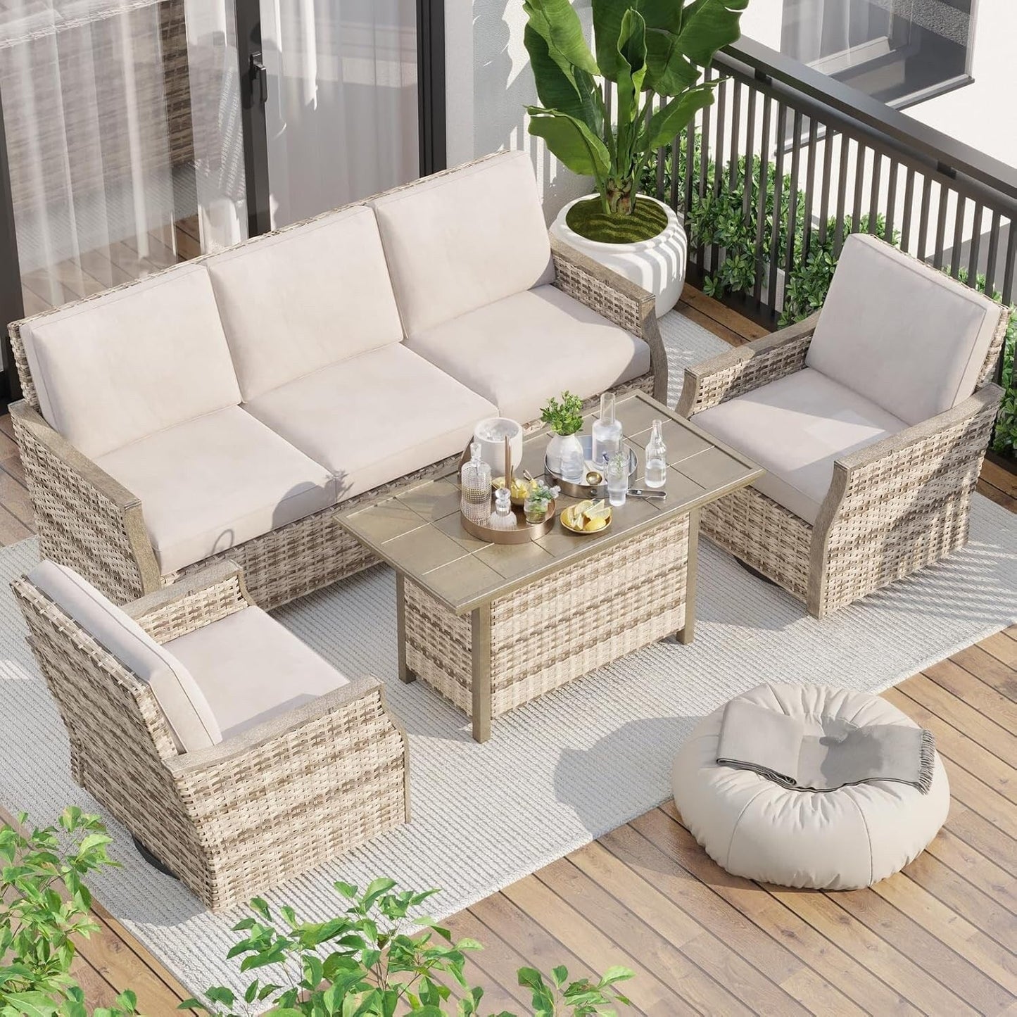 EROMMY 4-Piece Patio Furniture Set with Swivel Rocking Chairs, Outdoor Wicker Conversation Set with 3-Seat Sofa and Coffee Table