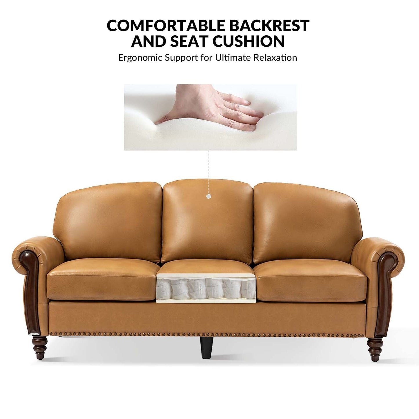 Eduard 84 Traditional Genuine Leather Sofa with Carved Wood Legs by HULALA HOME