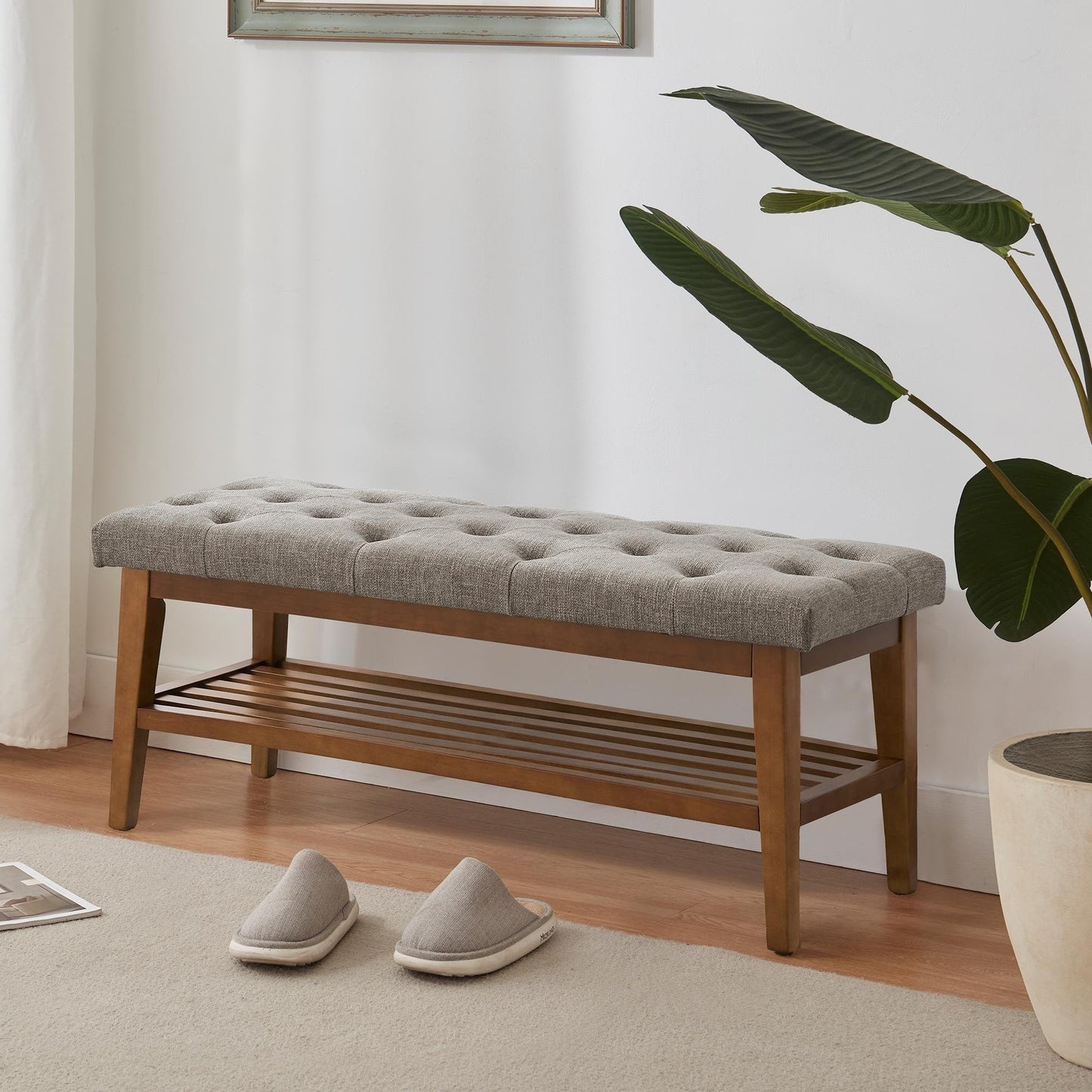 Entryway Shoe Bench Storage Bench Fabric Solid Wood, 43-inch Upholstered Bench for Living Room, Bedrooms