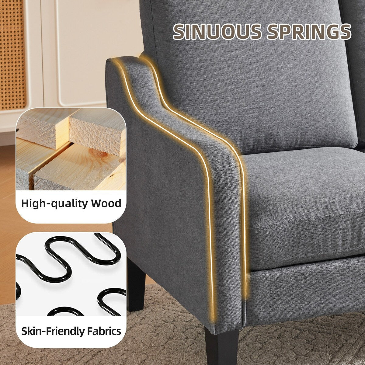 Erommy 3 Seat Sofa, 72 Sofa Couch for Living Room, Modern Fabric Couch with 4 Wood Legs, 2 Metal Support Rods for Bedroom