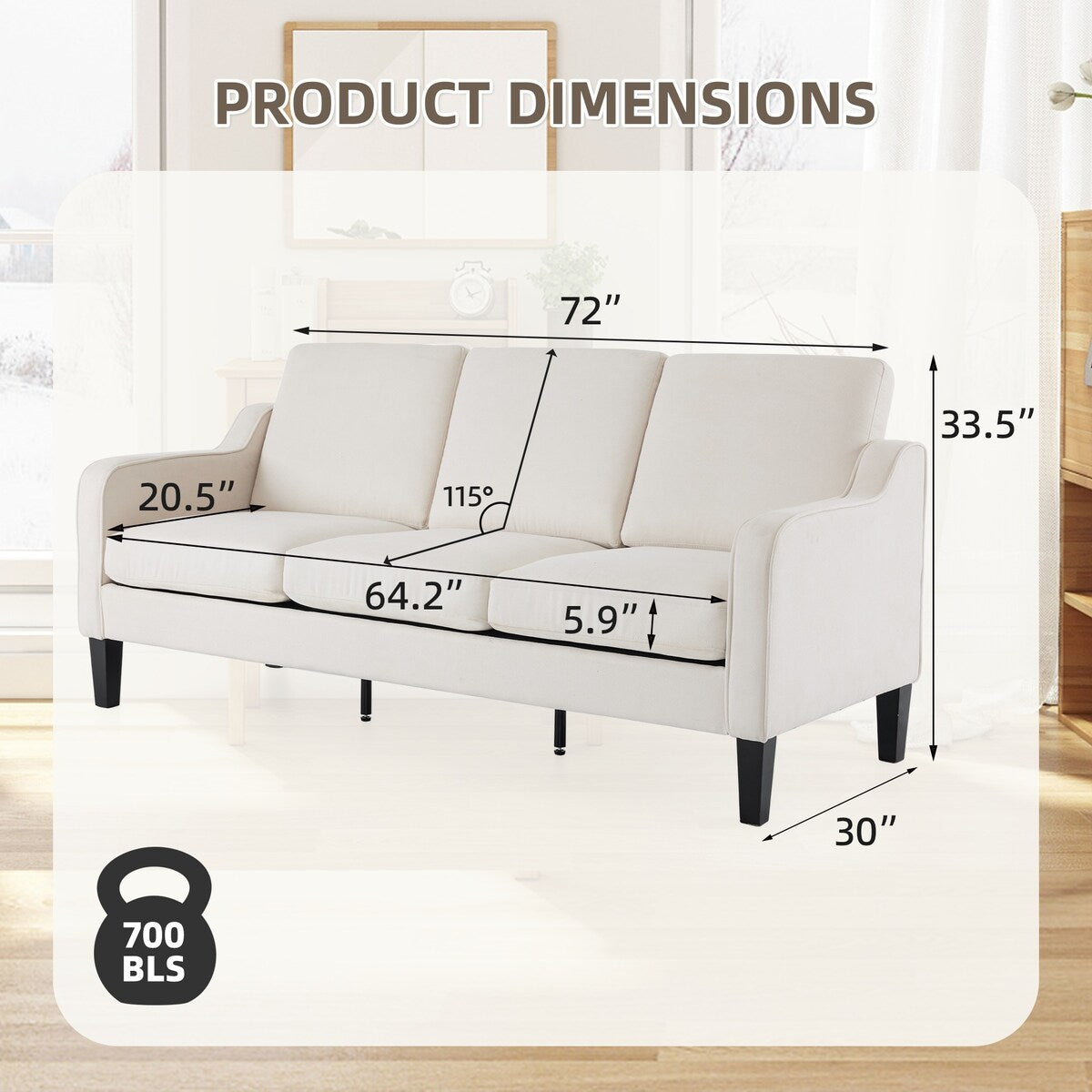 Erommy 3 Seat Sofa, 72 Sofa Couch for Living Room, Modern Fabric Couch with 4 Wood Legs, 2 Metal Support Rods for Bedroom