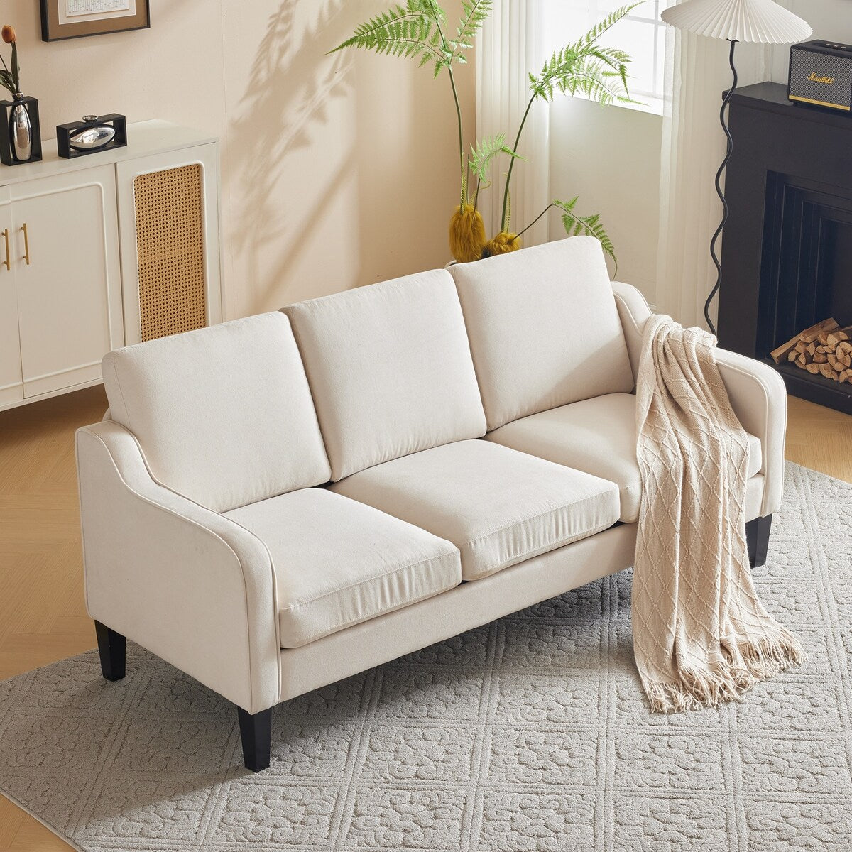 Erommy 3 Seat Sofa, 72 Sofa Couch for Living Room, Modern Fabric Couch with 4 Wood Legs, 2 Metal Support Rods for Bedroom