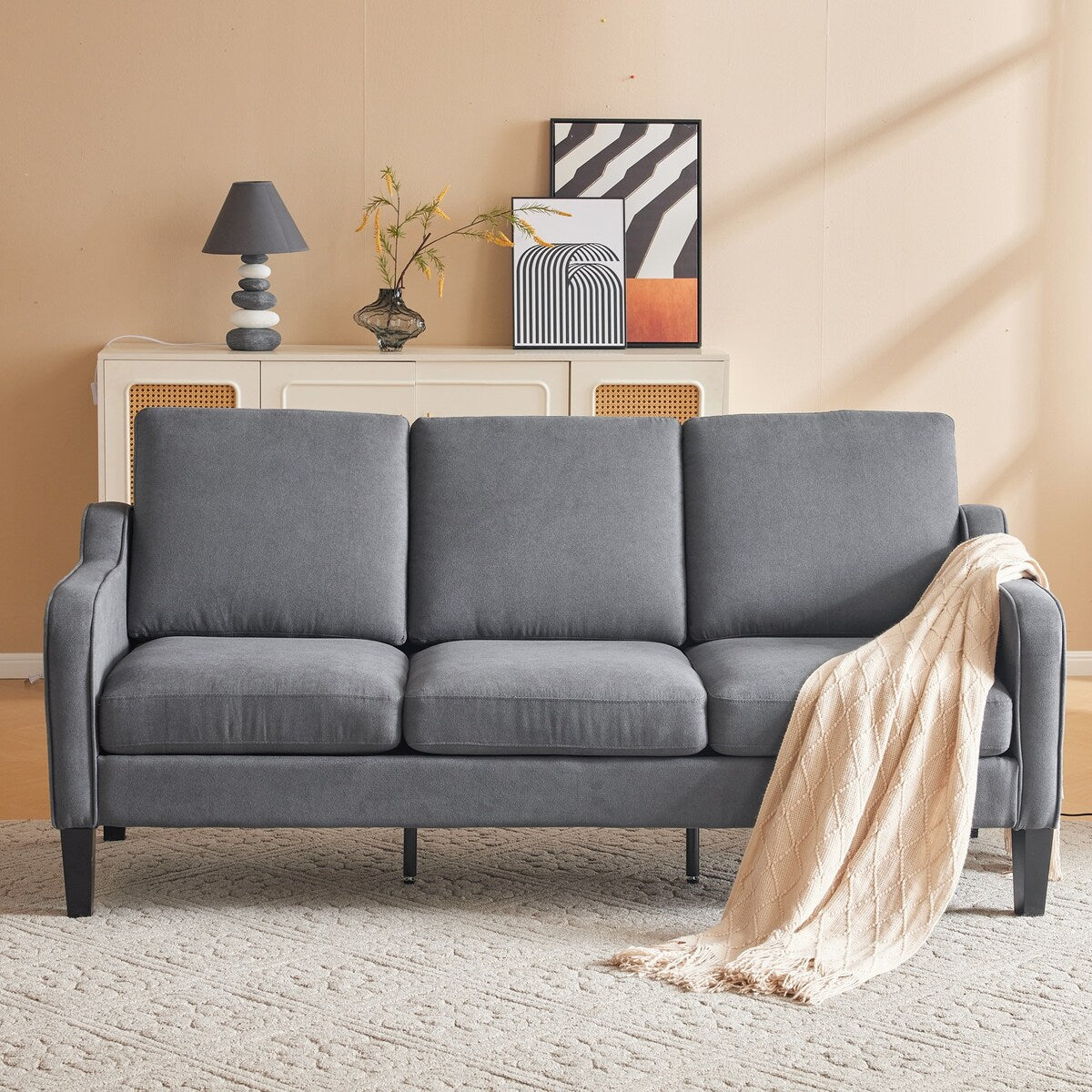 Erommy 3 Seat Sofa, 72 Sofa Couch for Living Room, Modern Fabric Couch with 4 Wood Legs, 2 Metal Support Rods for Bedroom