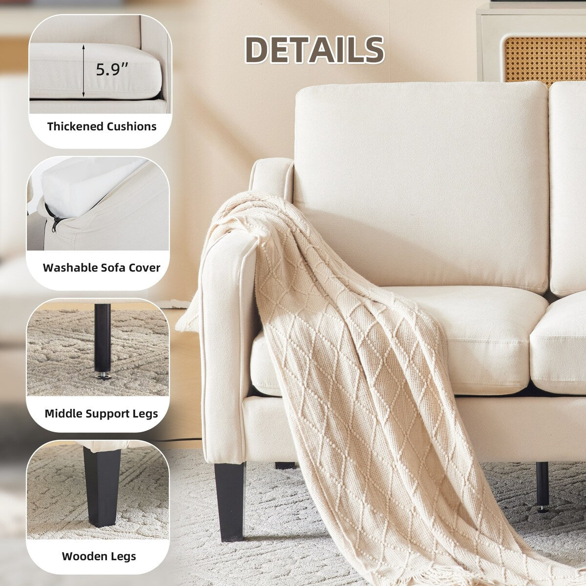 Erommy 3 Seat Sofa, 72 Sofa Couch for Living Room, Modern Fabric Couch with 4 Wood Legs, 2 Metal Support Rods for Bedroom