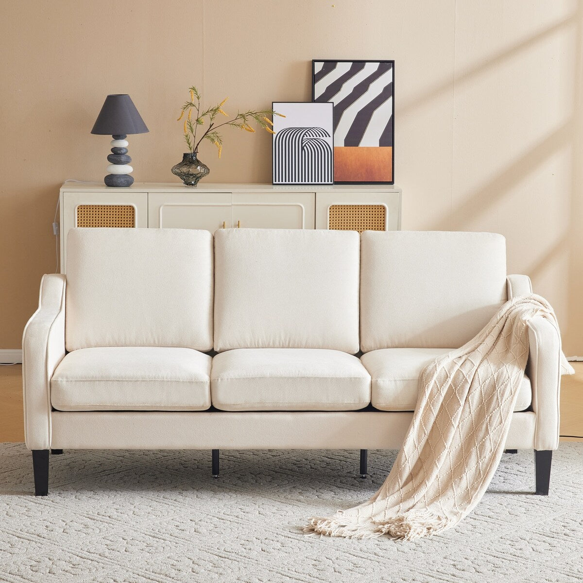 Erommy 3 Seat Sofa, 72 Sofa Couch for Living Room, Modern Fabric Couch with 4 Wood Legs, 2 Metal Support Rods for Bedroom