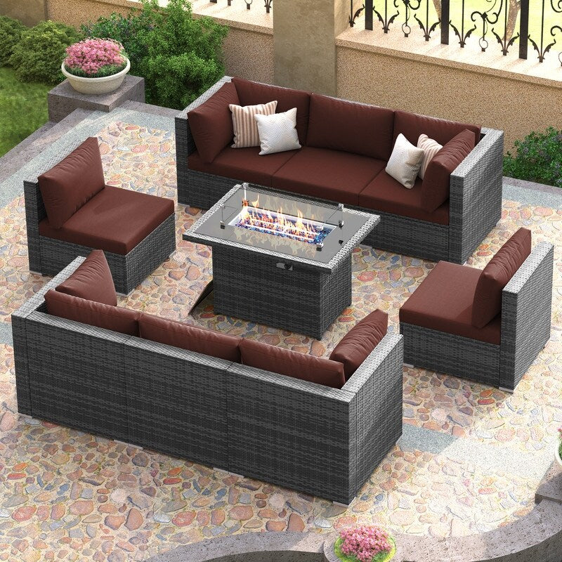 FINCATI 9-piece Extra Large High Back Outdoor Patio Furniture Sectional Conversation Sofa Set with Fire Pit Table