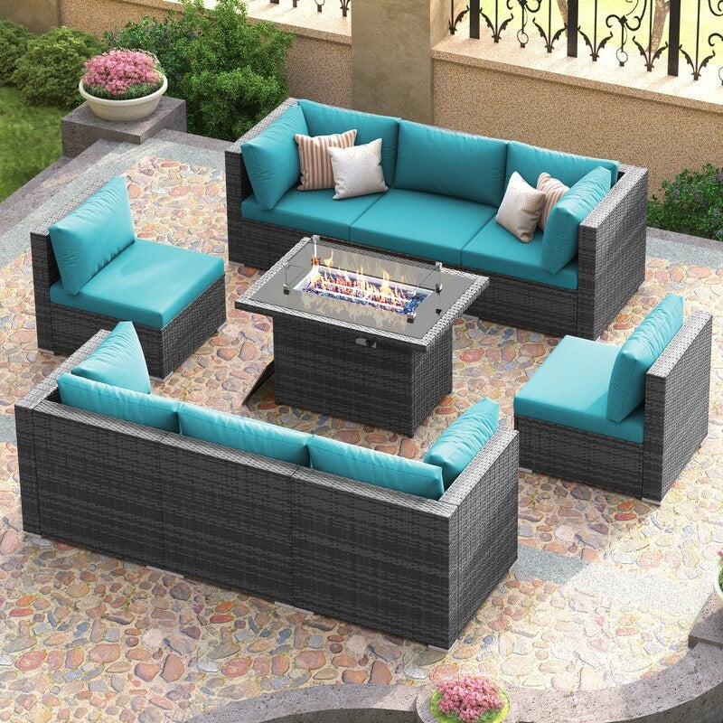 FINCATI 9-piece Extra Large High Back Outdoor Patio Furniture Sectional Conversation Sofa Set with Fire Pit Table